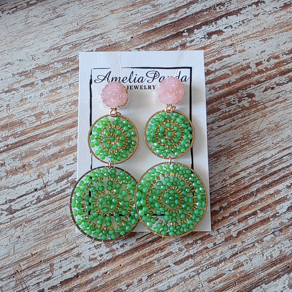 Green and Pink Beaded Earrings
